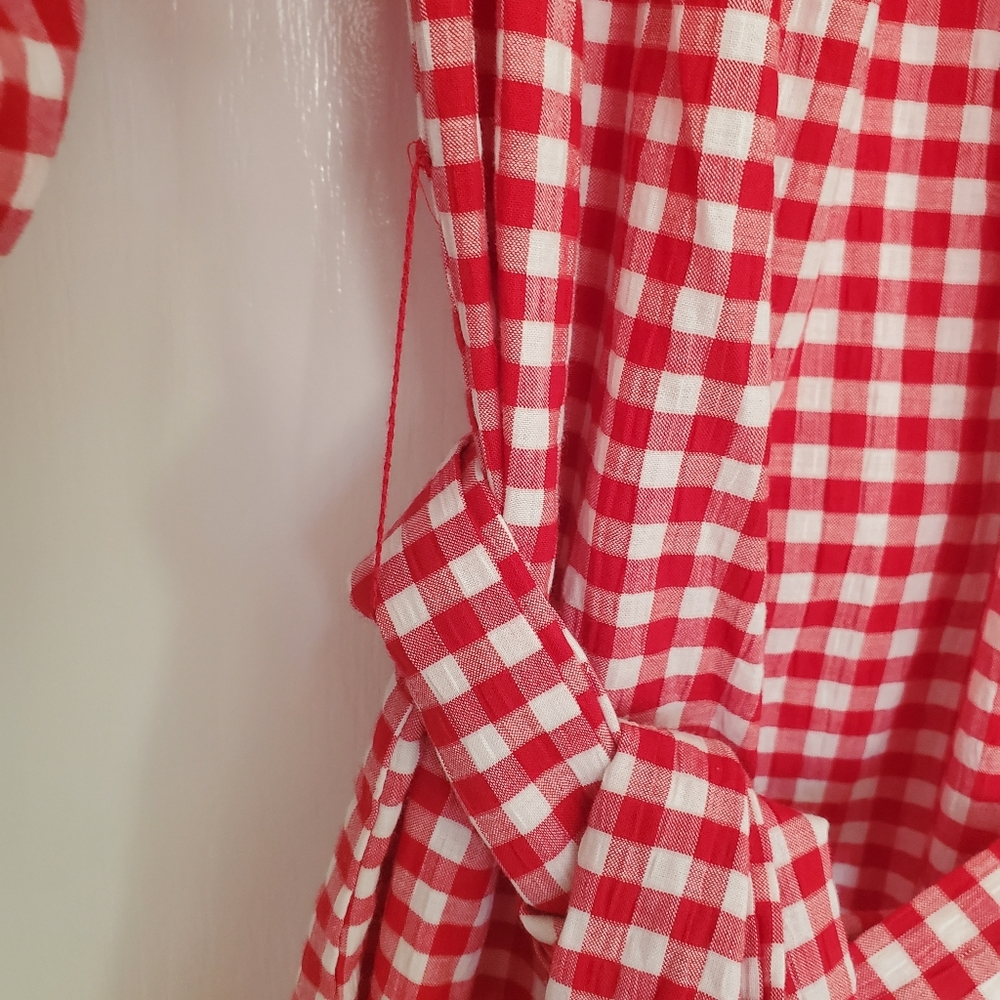 Red Gingham Dramatic Puff Pick Up Sleeves Ruffle Bottom Off Shoulder Dress S - Picture 6 of 15